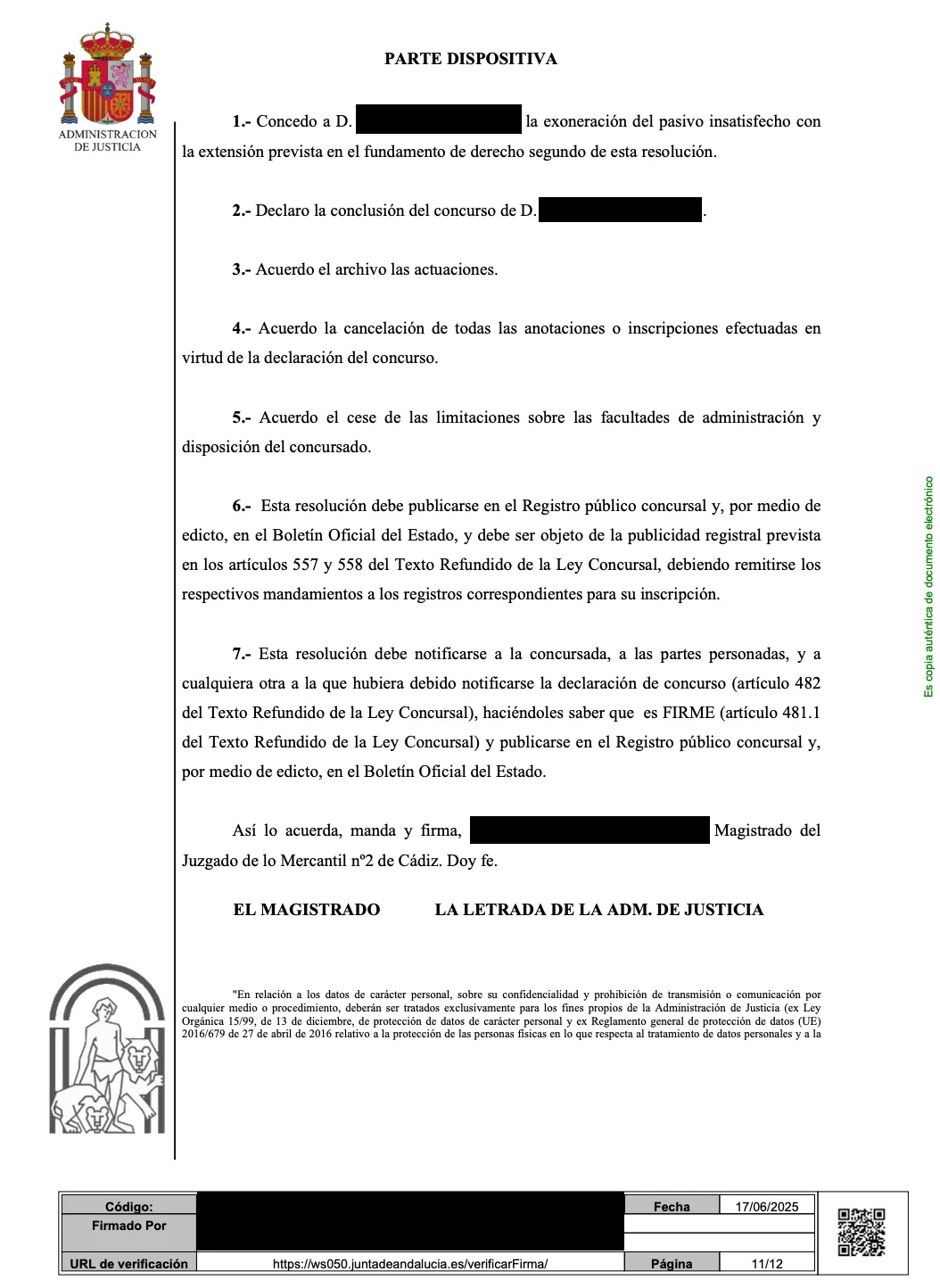 auto de caso de ley segunda oportunidad en cadiz
