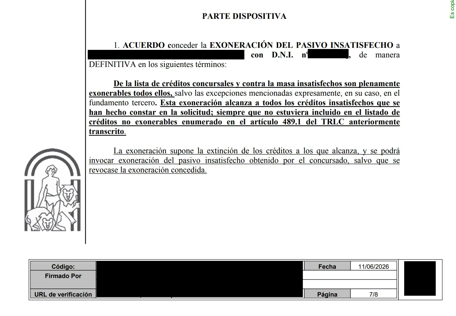 Auto judicial que concede la exoneración de 26.362,75 € mediante la Ley de la Segunda Oportunidad.