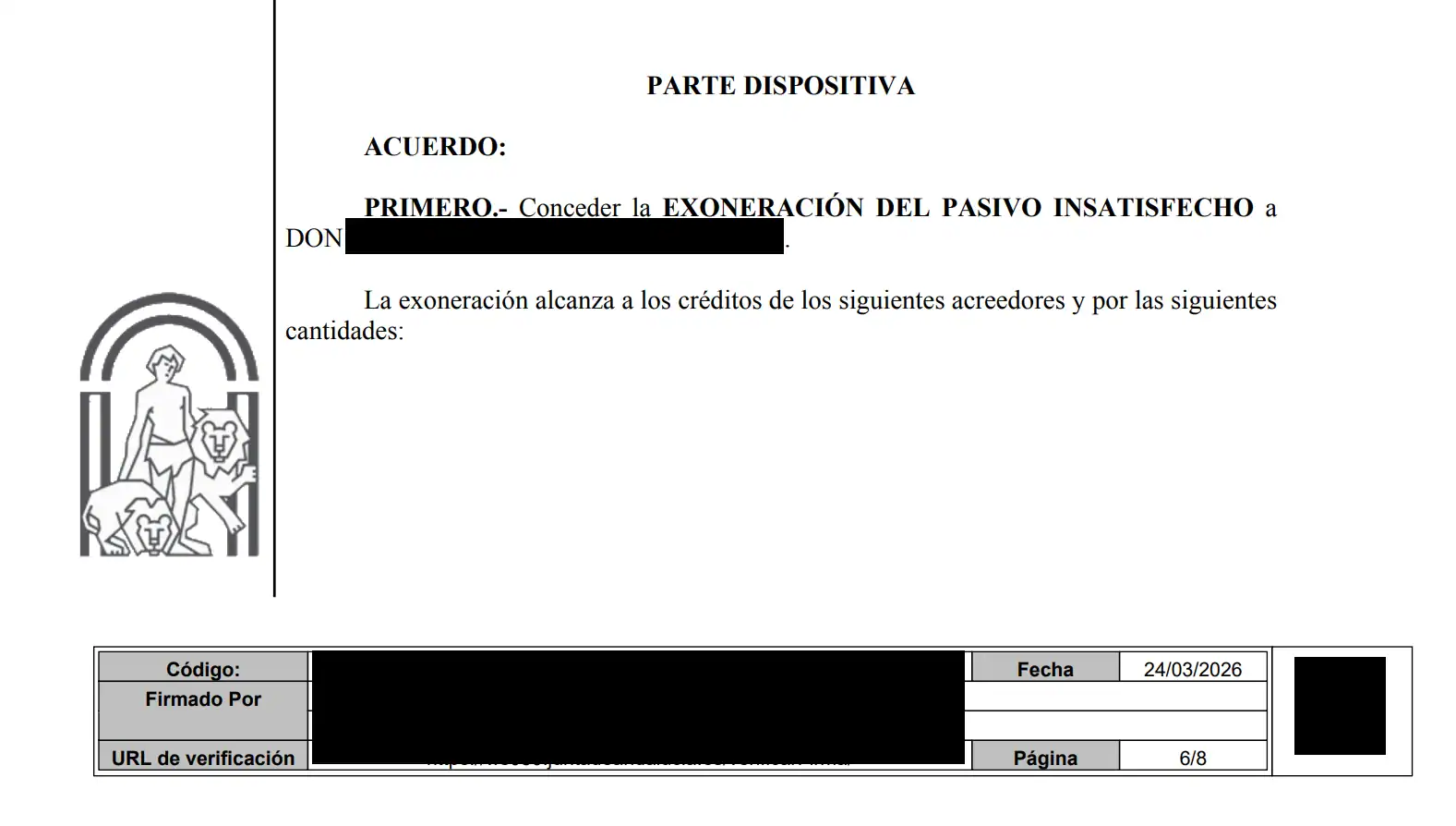 Auto judicial que concede la exoneración de 47.158,21 € mediante la Ley de la Segunda Oportunidad